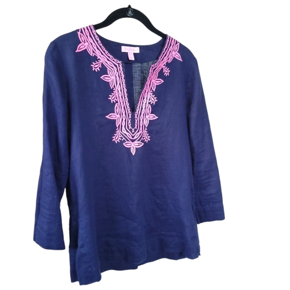 Lilly Pulitzer Amelia Island Tunic Top Blouse XXS Navy Linen Embroidered V-Neck - Picture 7 of 13